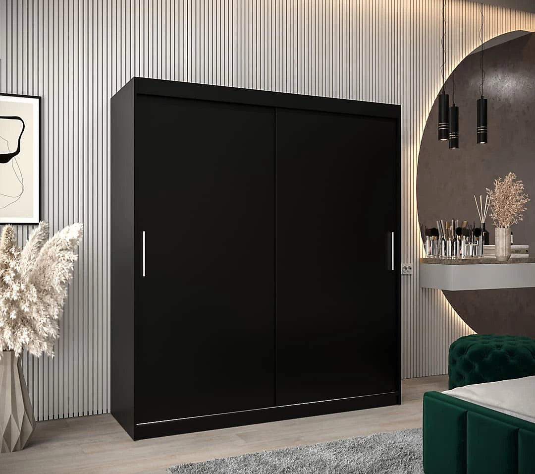 Tokyo Contemporary 2 Sliding Door Wardrobe 9 Shelves 2 Rails Black Matt