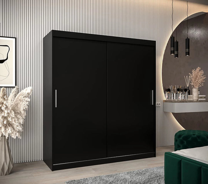 Tokyo Contemporary 2 Sliding Door Wardrobe 9 Shelves 2 Rails Black Matt