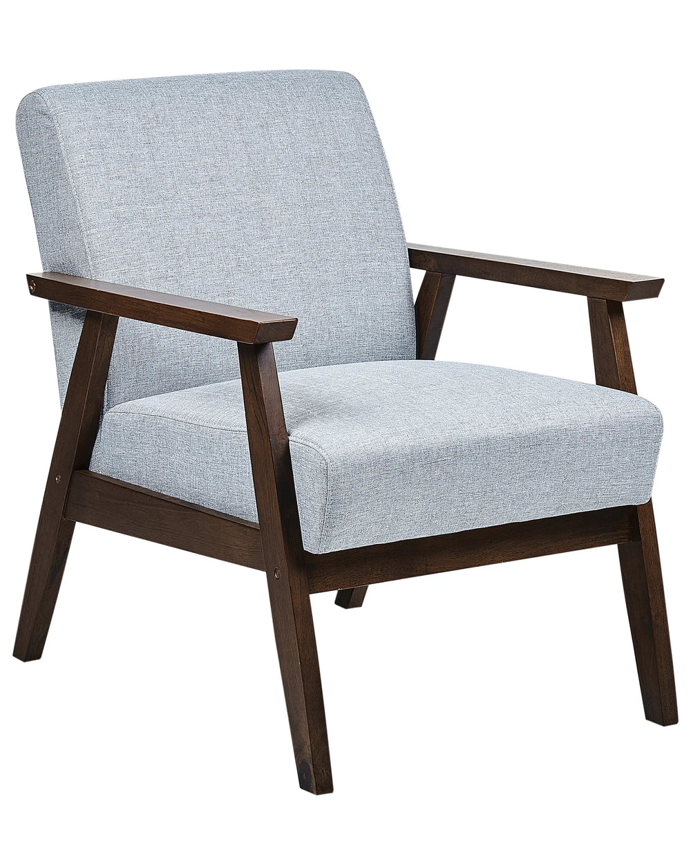 Chair with light blue fabric and dark wood frame on a white background