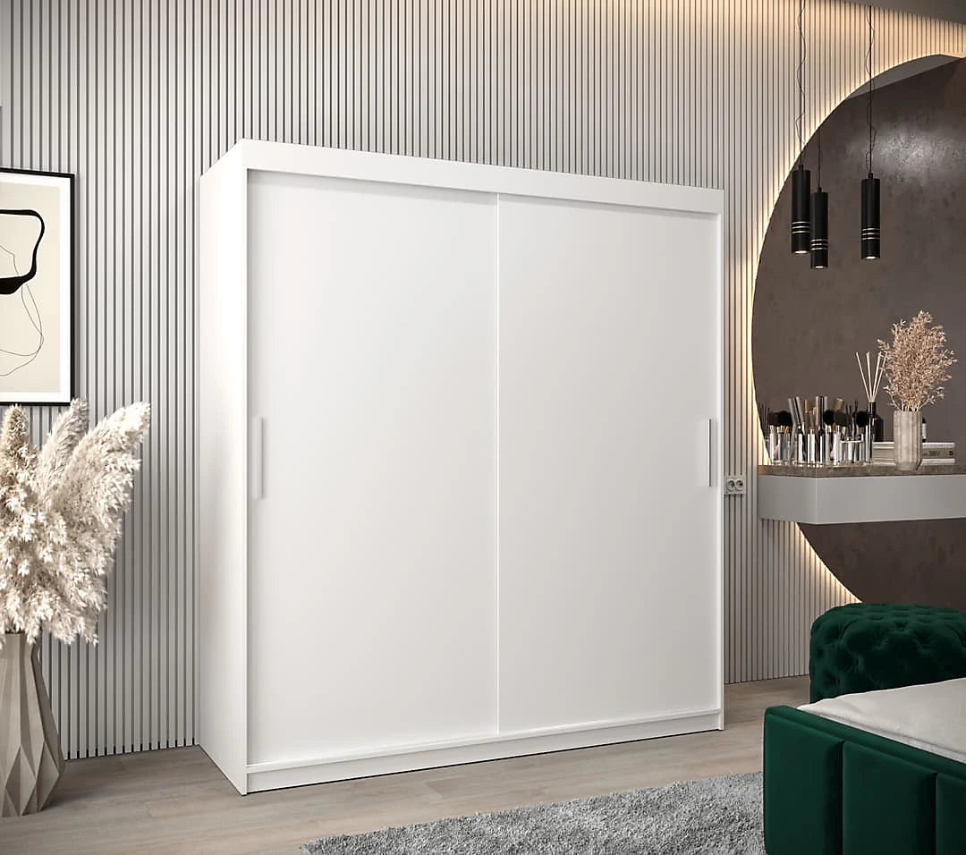 Tokyo Contemporary 2 Sliding Door Wardrobe 9 Shelves 2 Rails White Matt