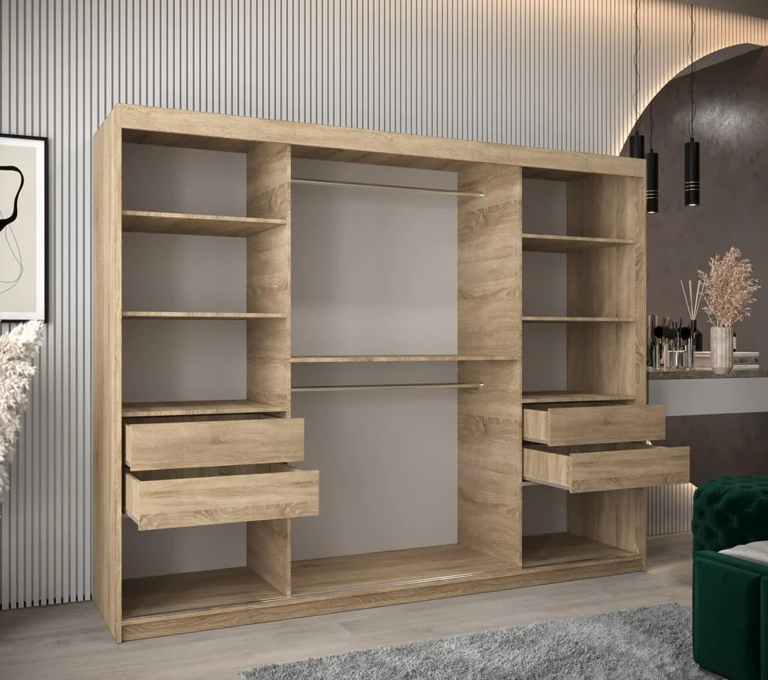 Tokyo Contemporary 3 Sliding Door Wardrobe 9 Shelves 2 Rails Oak Sonoma Effect 250cm