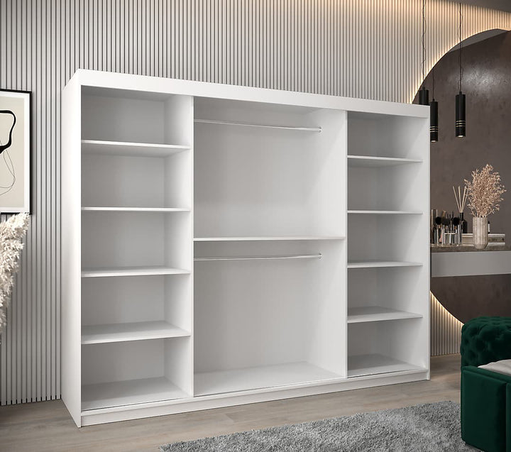 Tokyo Contemporary 3 Sliding Door Wardrobe 9 Shelves 2 Rails White Matt 250cm