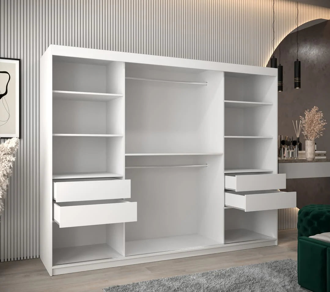 Tokyo Contemporary 3 Sliding Door Wardrobe 9 Shelves 2 Rails White Matt 250cm