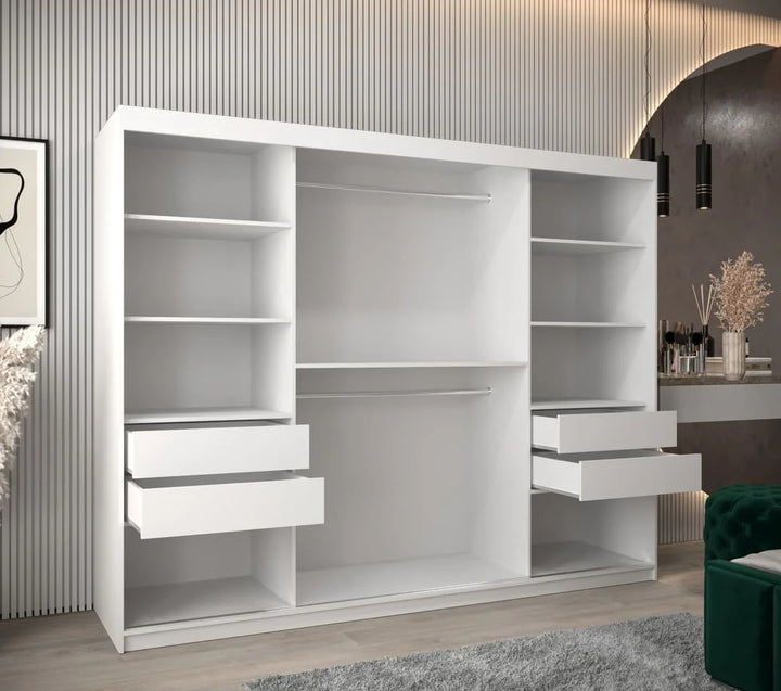 Tokyo Contemporary 3 Sliding Door Wardrobe 9 Shelves 2 Rails White Matt 250cm