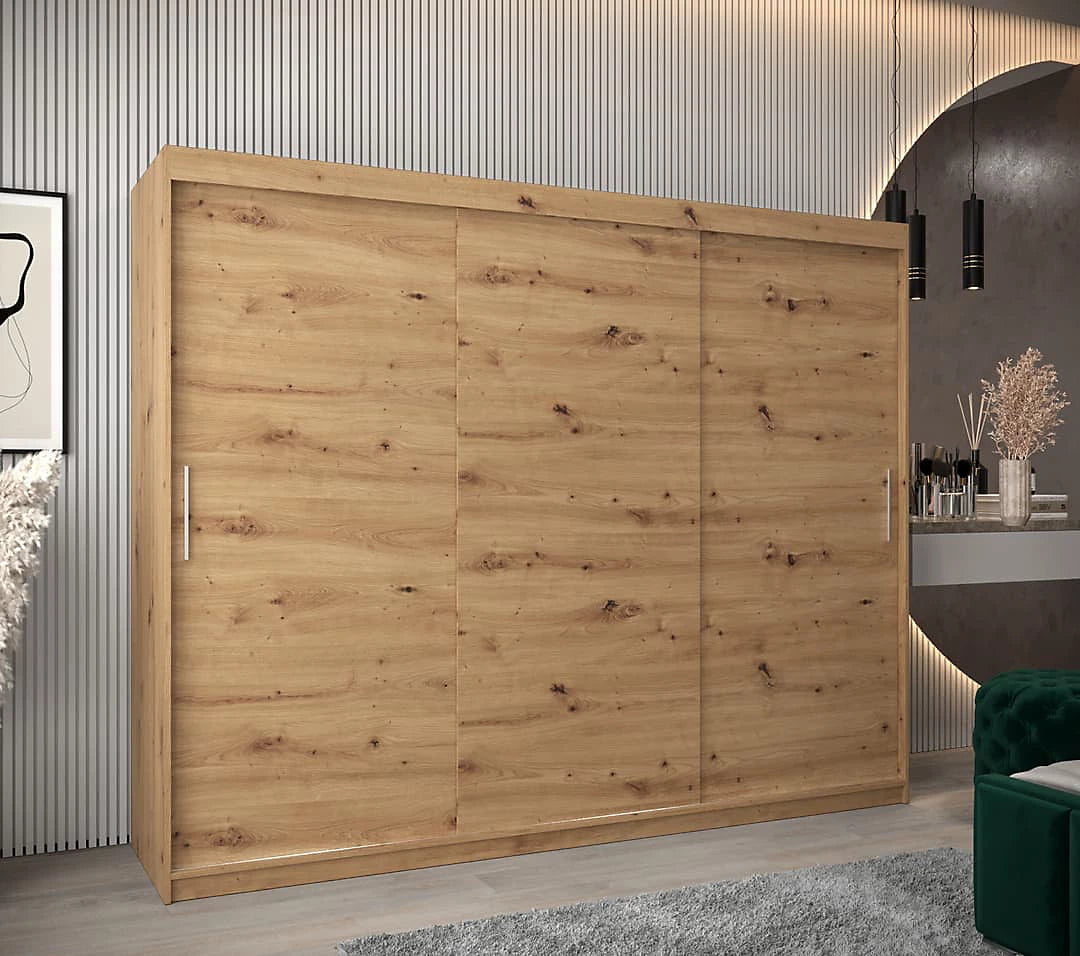 Tokyo Contemporary 3 Sliding Door Wardrobe 9 Shelves 2 Rails Oak Artisan Effect