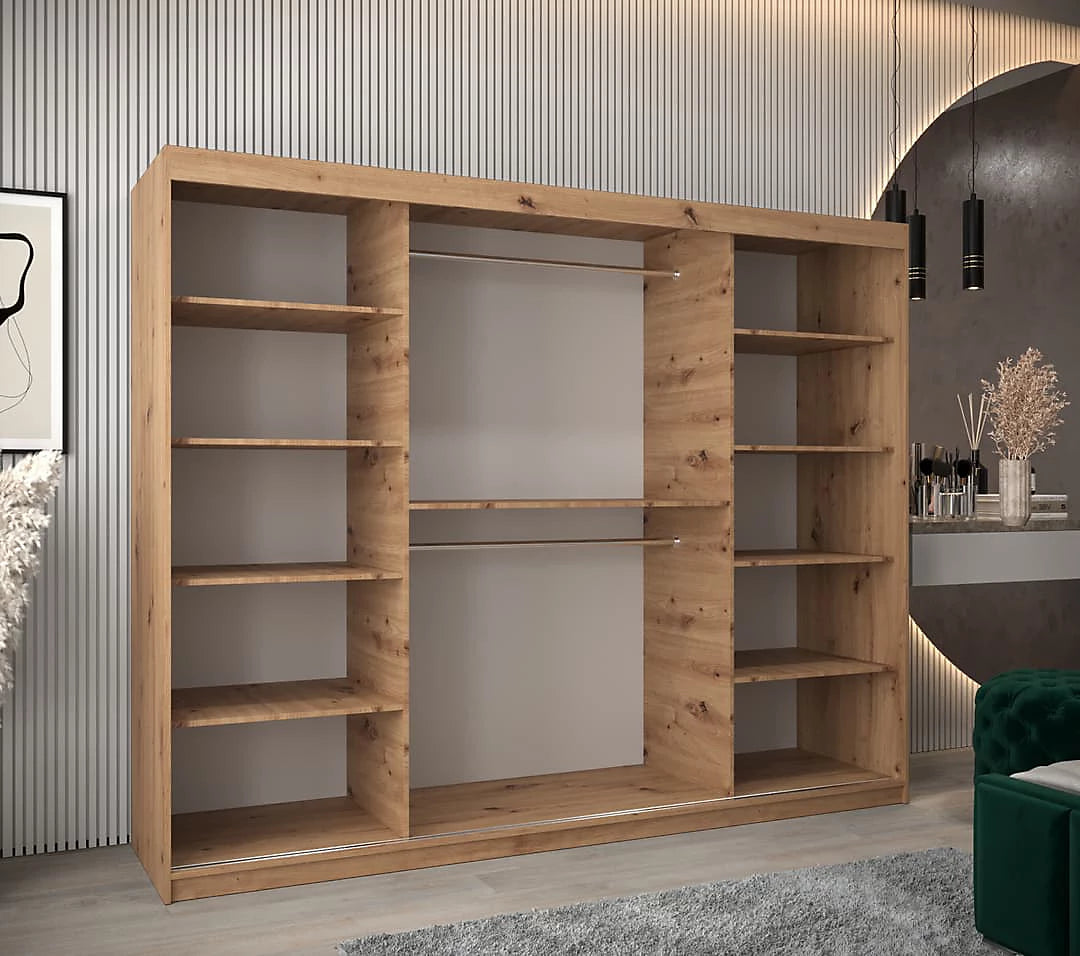 Tokyo Contemporary 3 Sliding Door Wardrobe 9 Shelves 2 Rails Oak Artisan Effect 250cm