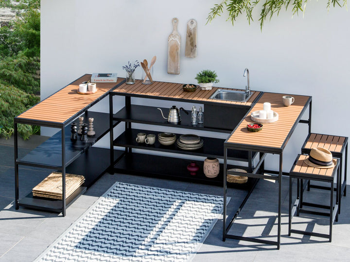 Avetrana Outdoor Kitchen Set with Bar Table and Sink Black and Light Wood