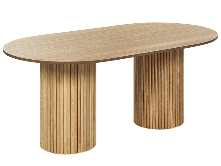 Wooden dining table with cylindrical legs on a white background