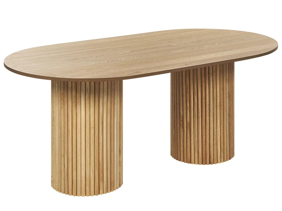 Wooden dining table with cylindrical legs on a white background