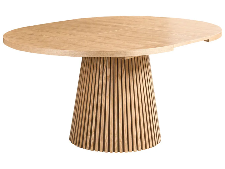 Wooden round table with a unique base design on a white background