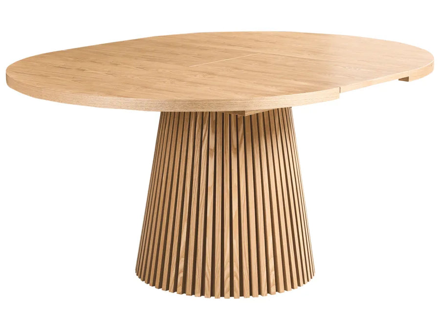 Wooden round table with a unique base design on a white background