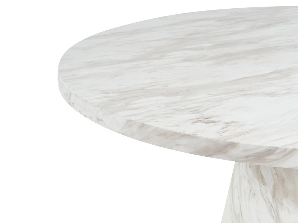 Round marble table with a white and gray marbled pattern on a white background