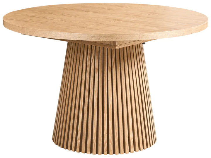 Wooden round table with a ribbed cylindrical base on a white background