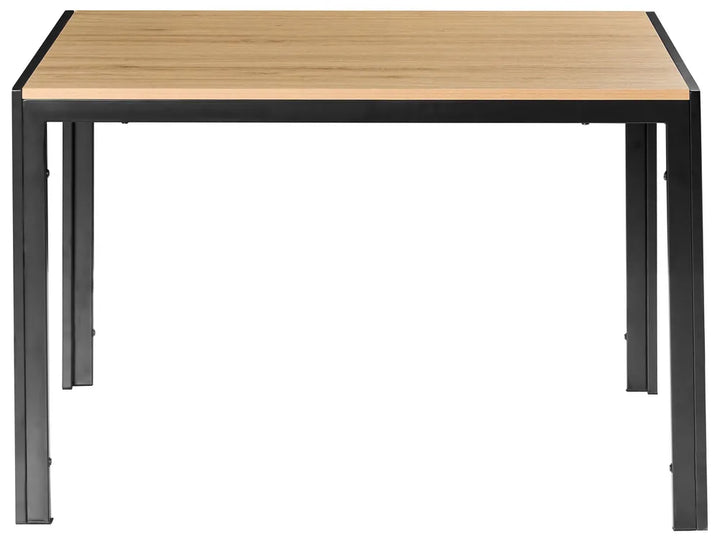 Square table with wooden top and black metal legs on a white background