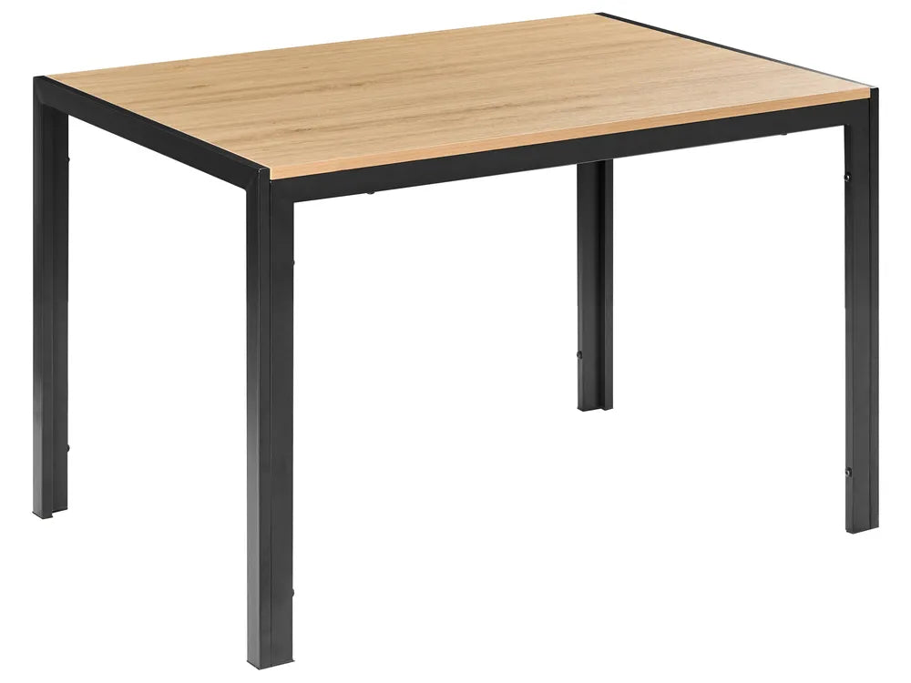 Rectangular table with wooden top and black metal legs on a white background