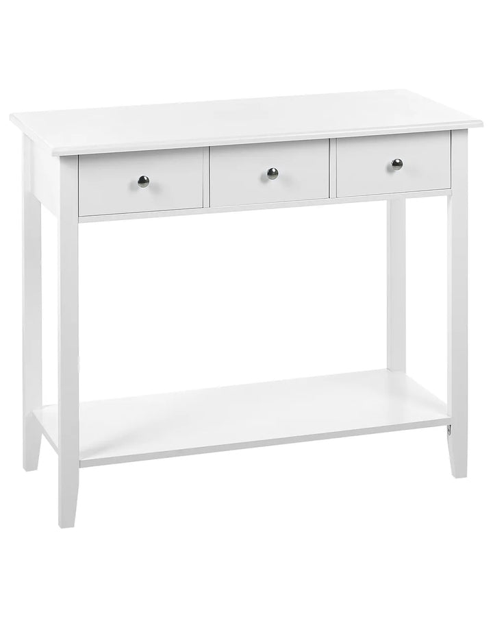 White console table with three drawers on a white background