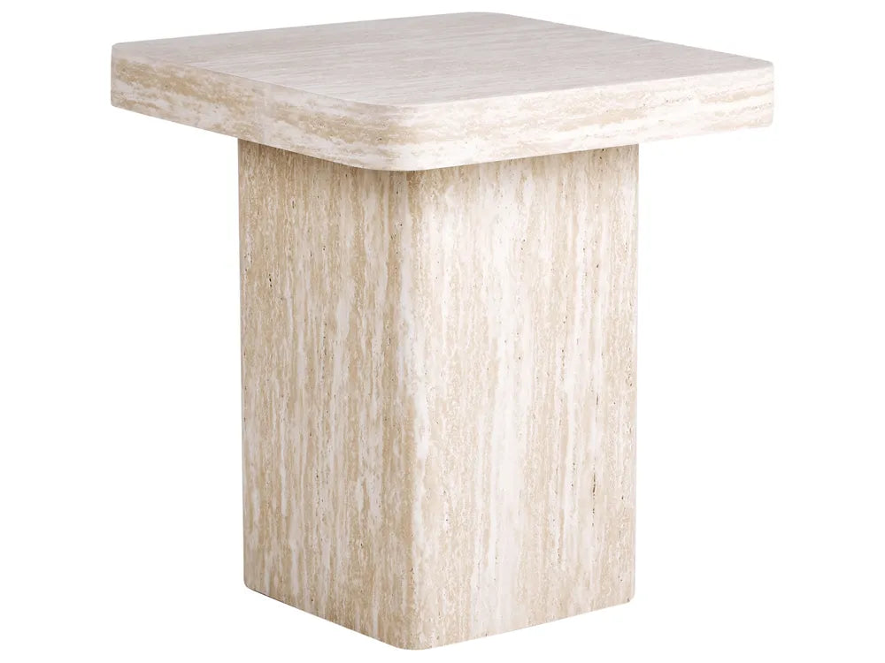 Square side table with marble-like top and wooden base on a white background