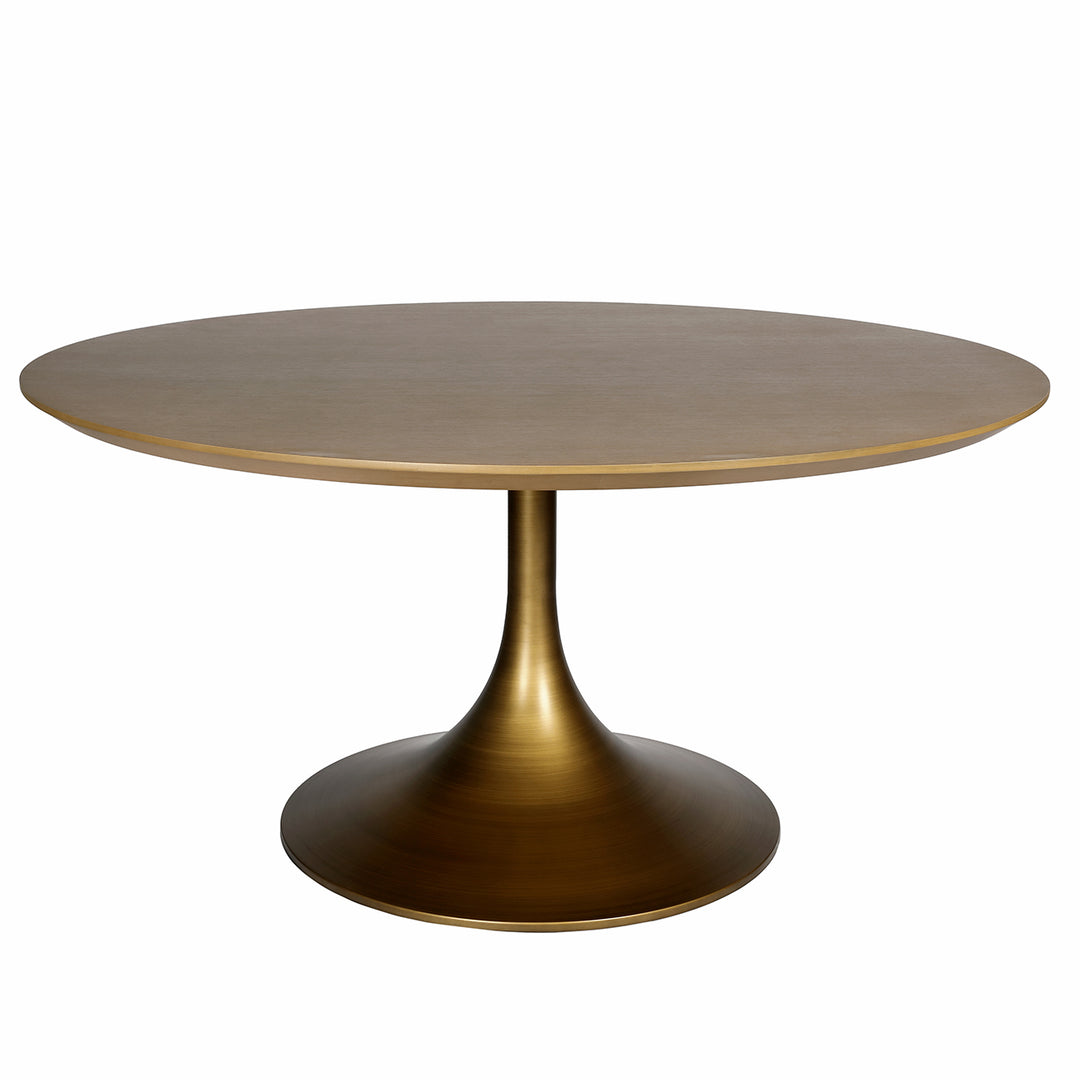 Round table with a wooden top and brass base on a white background