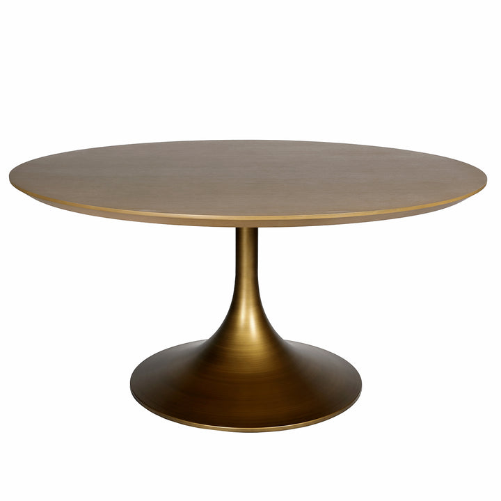 Round table with a wooden top and brass base on a white background