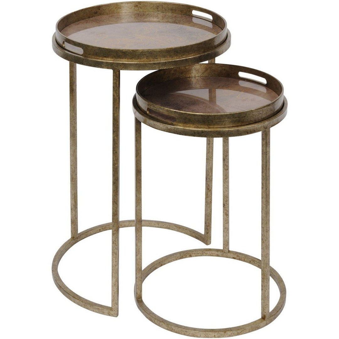 Set of two round metal side tables with glass tops on a white background