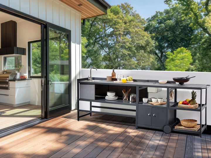 Ortisei 3 Piece Outdoor Kitchen Island with Trolley and Cabinet Set with Sink Grey