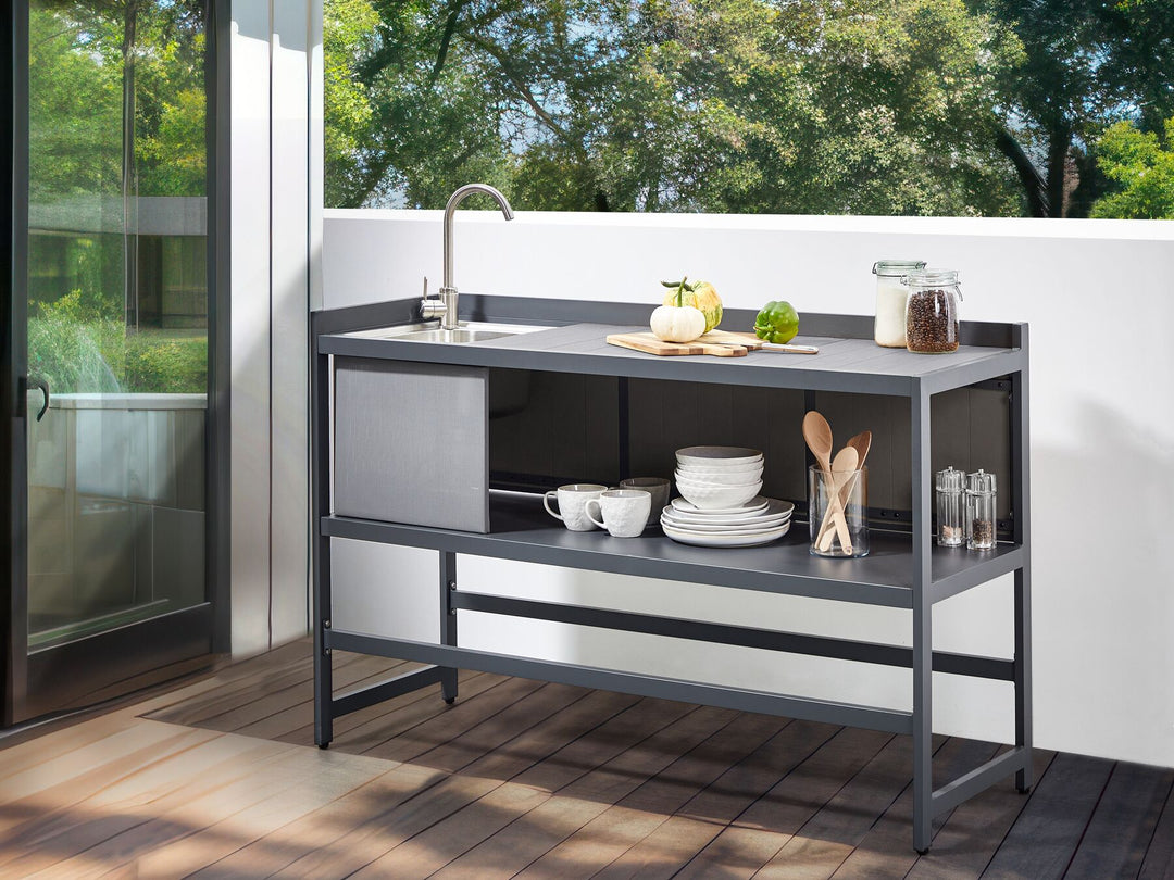 Ortisei 3 Piece Outdoor Kitchen Island with Trolley and Cabinet Set with Sink Grey