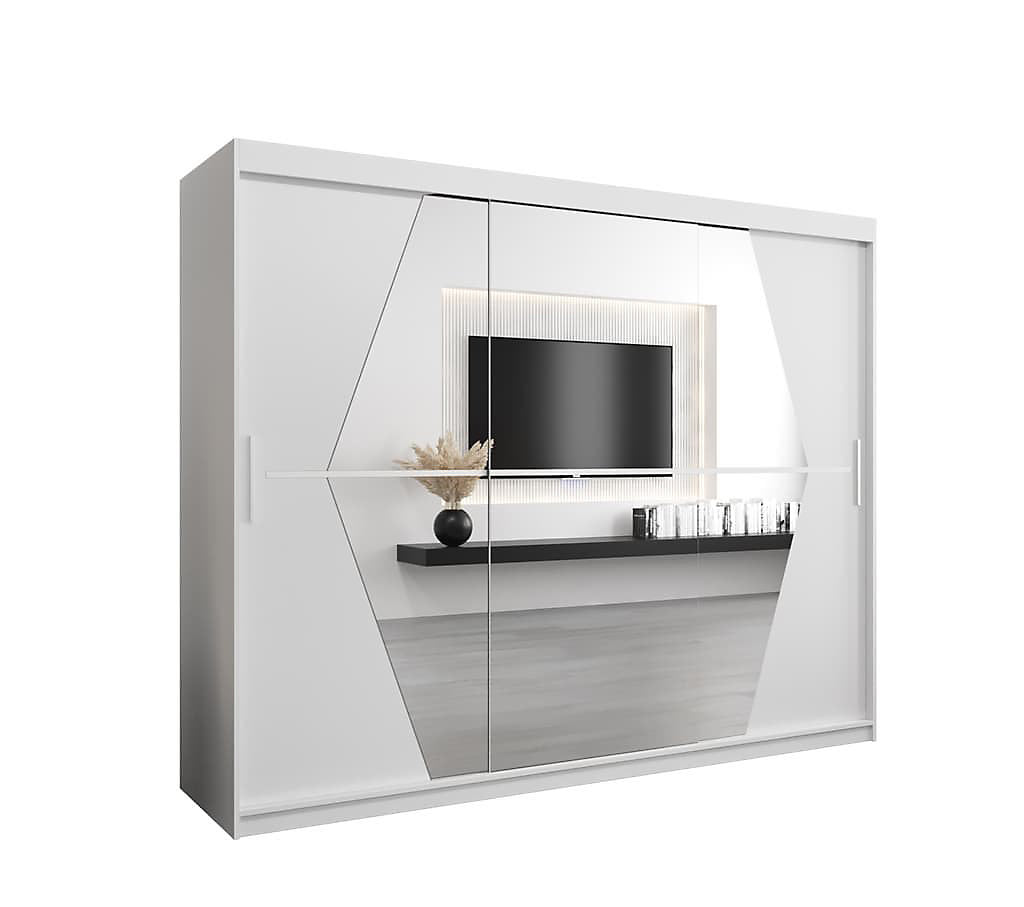 Boliwia Contemporary 2 Mirrored Sliding Door Wardrobe 9 Shelves 2 Rails White