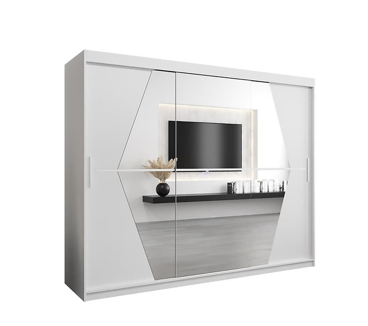 Boliwia Contemporary 2 Mirrored Sliding Door Wardrobe 9 Shelves 2 Rails White