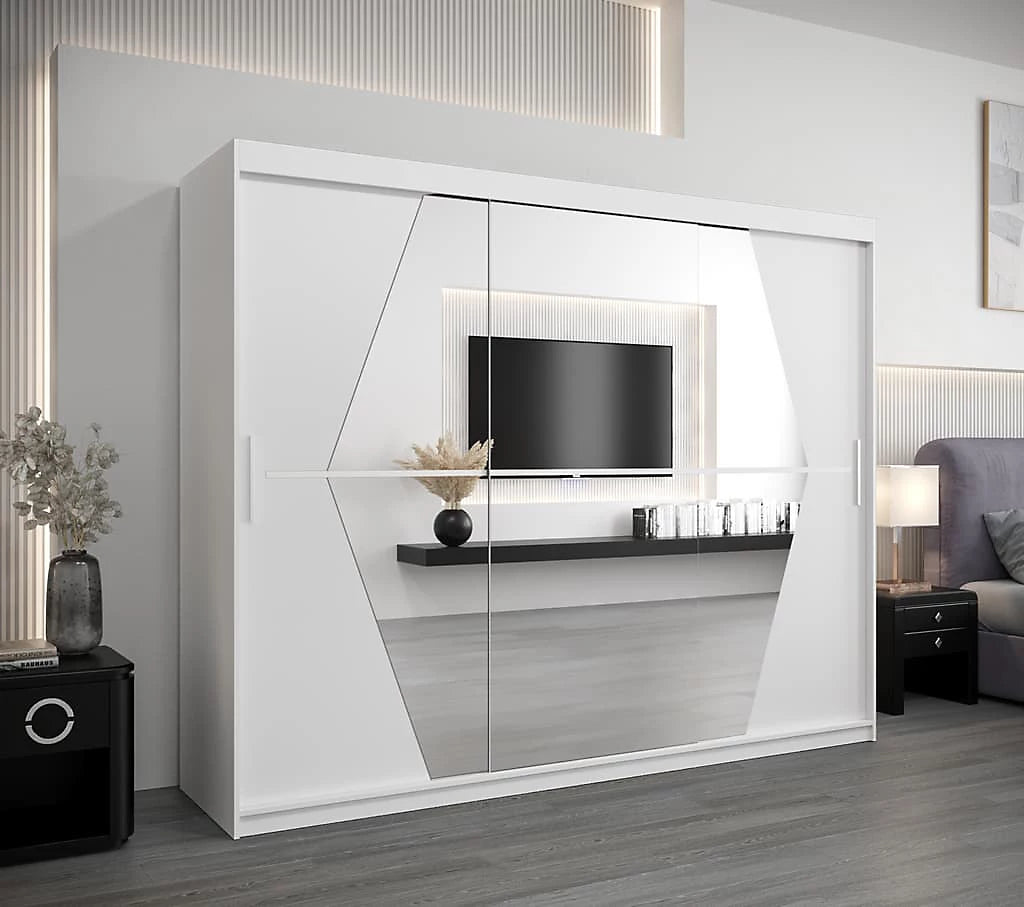 Boliwia Contemporary 2 Mirrored Sliding Door Wardrobe 9 Shelves 2 Rails White