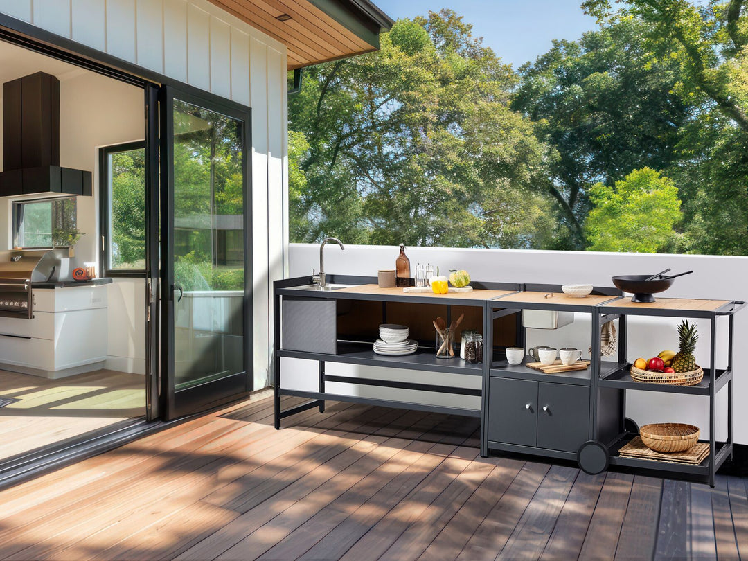 Ortisei 3 Piece Outdoor Kitchen Island with Trolley and Cabinet Set with Sink Light Wood