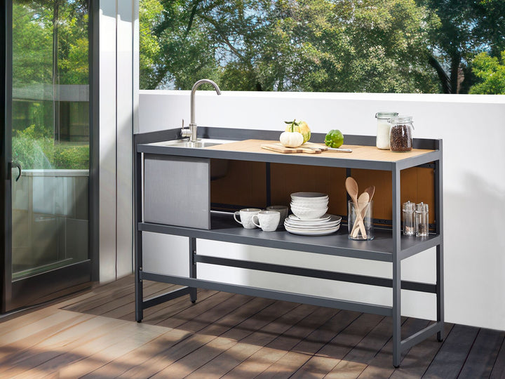 Ortisei 3 Piece Outdoor Kitchen Island with Trolley and Cabinet Set with Sink Light Wood
