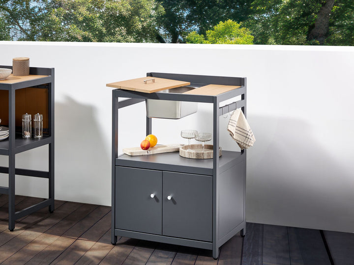 Ortisei 3 Piece Outdoor Kitchen Island with Trolley and Cabinet Set with Sink Light Wood
