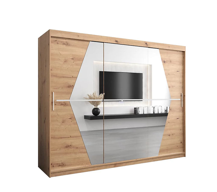 Boliwia Contemporary 2 Mirrored Sliding Door Wardrobe 9 Shelves 2 Rails Artisan Oak Effect