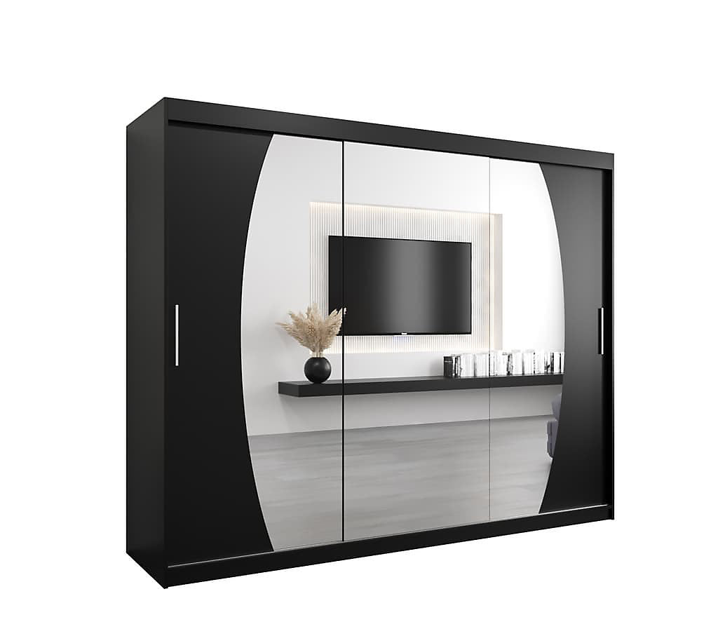 Elypse Contemporary 2 Mirrored Sliding Door Wardrobe 9 Shelves 2 Rails Black