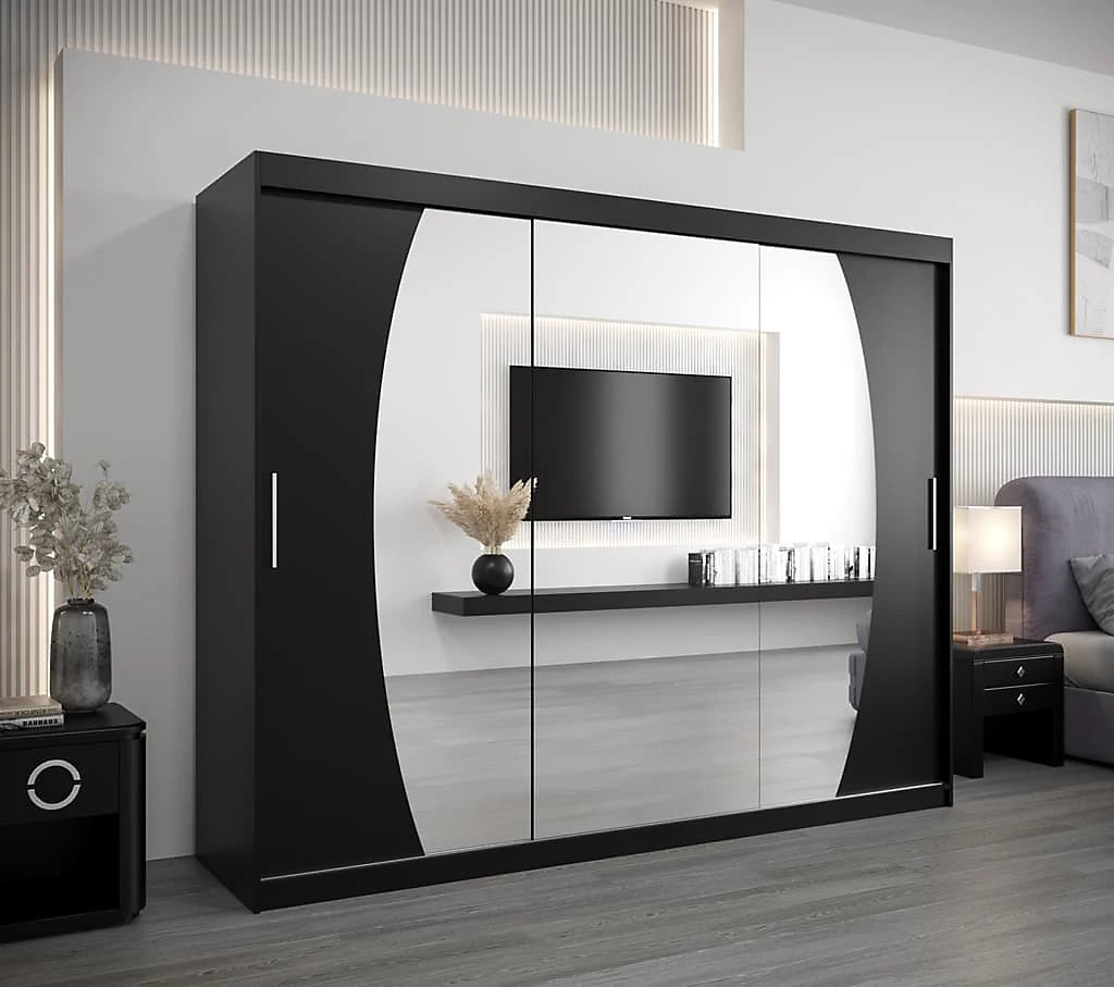Elypse Contemporary 2 Mirrored Sliding Door Wardrobe 9 Shelves 2 Rails Black