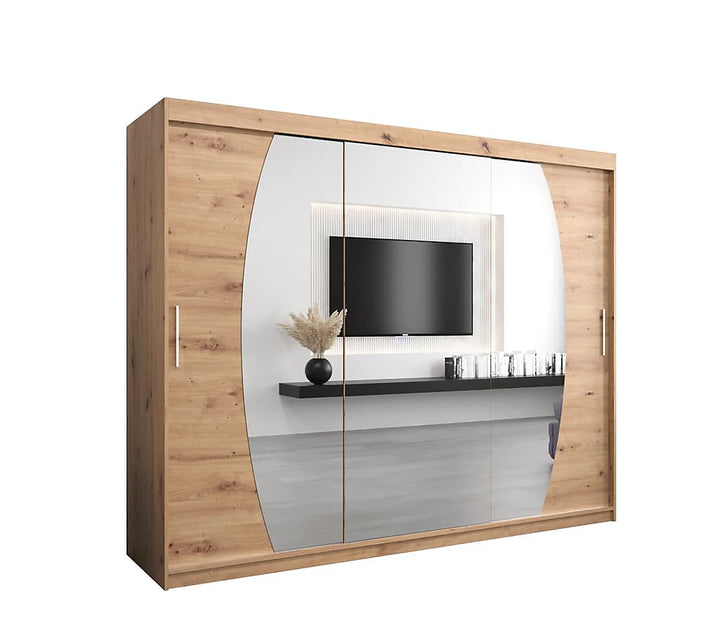 Elypse Contemporary 2 Mirrored Sliding Door Wardrobe 9 Shelves 2 Rails Artisan Oak Effect