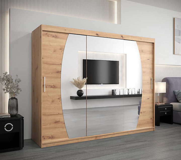 Elypse Contemporary 2 Mirrored Sliding Door Wardrobe 9 Shelves 2 Rails Artisan Oak Effect