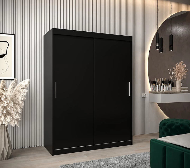 Tokyo Contemporary 2 Sliding Door Wardrobe 5 Shelves 2 Rails Black Matt
