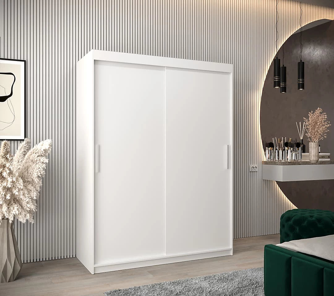 Tokyo Contemporary 2 Sliding Door Wardrobe 5 Shelves 2 Rails White Matt