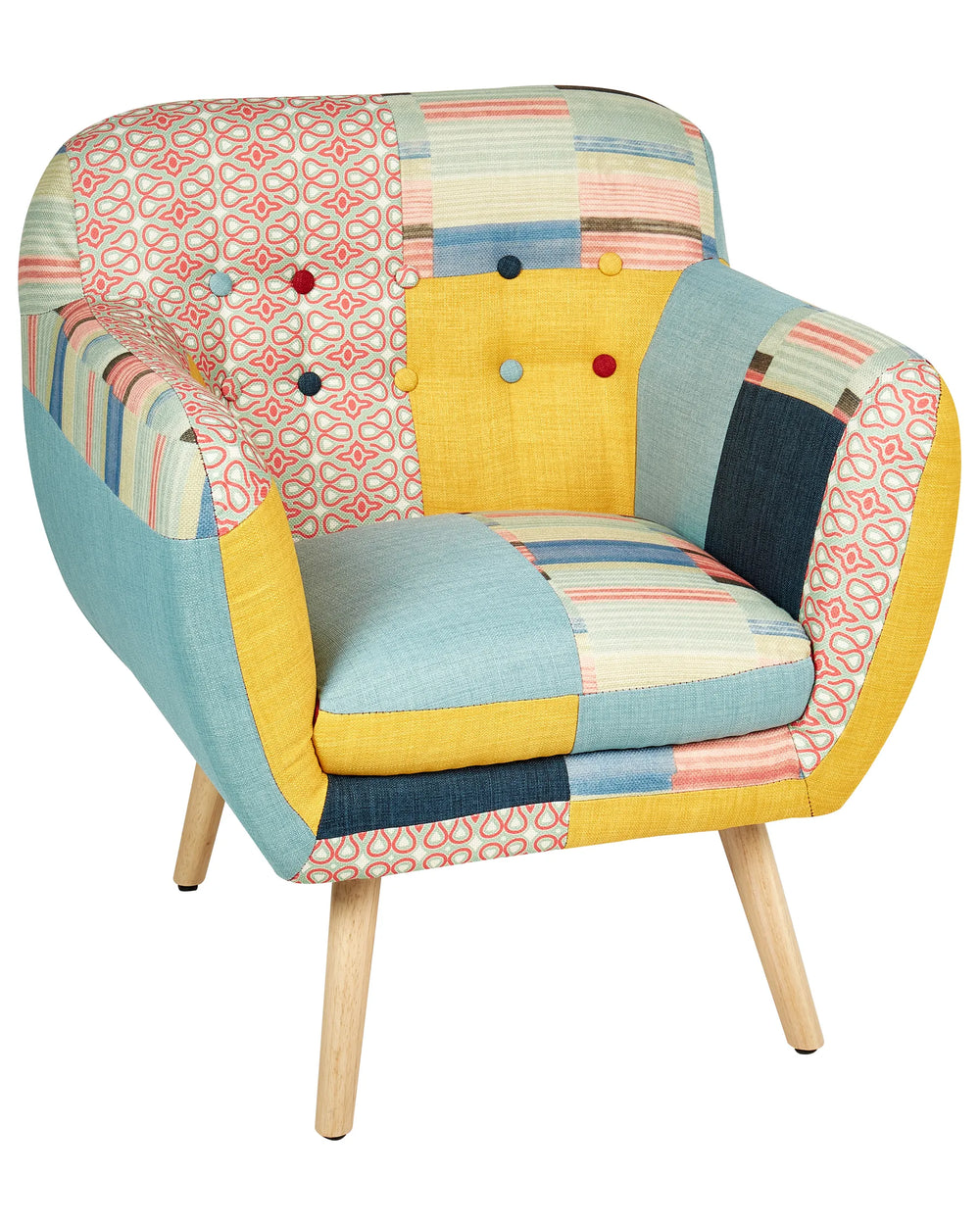 Colorful patchwork armchair with wooden legs on a white background