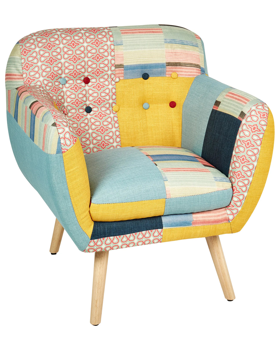 Colorful patchwork armchair with wooden legs on a white background