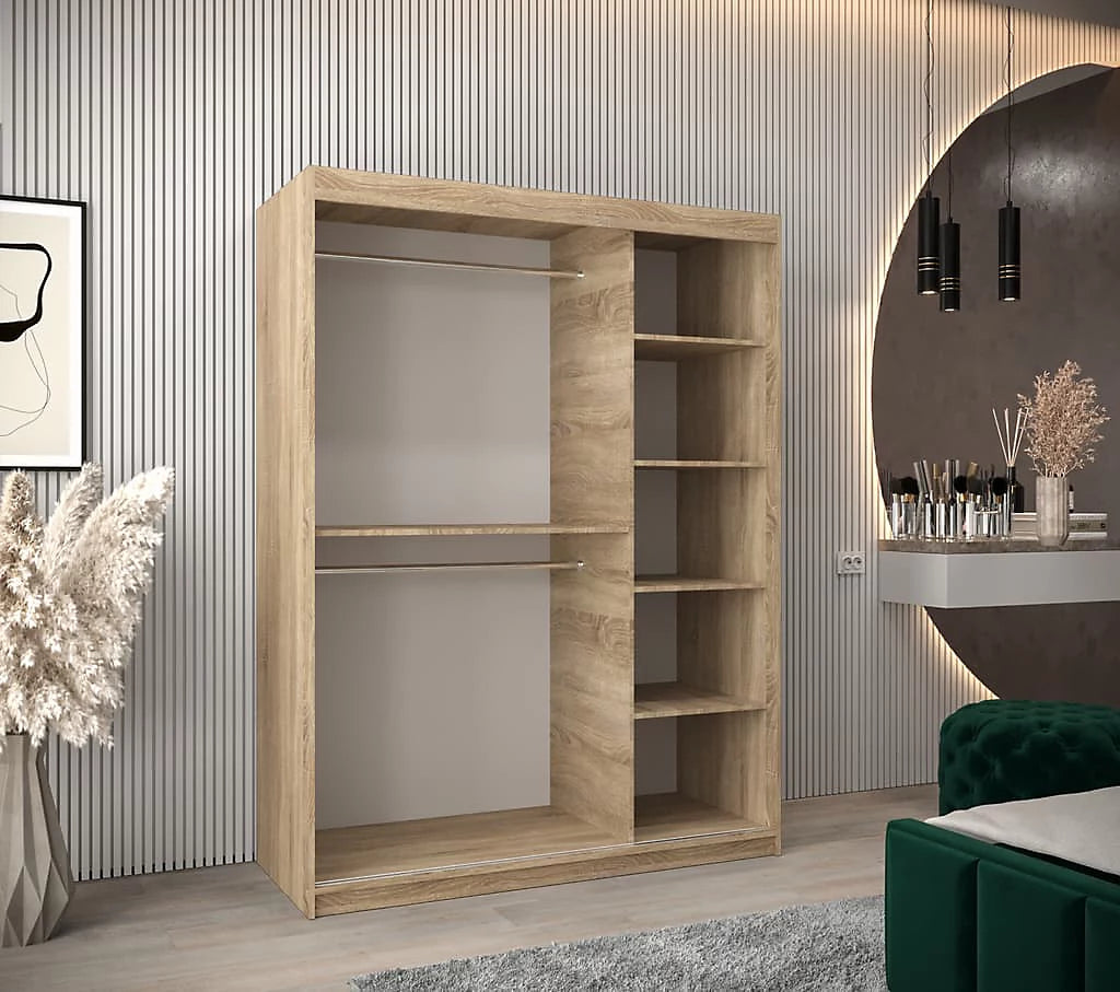 Verona 01 Contemporary 2 Sliding Door Wardrobe 5 Shelves 2 Rails Oak Sonoma Effect 150cm