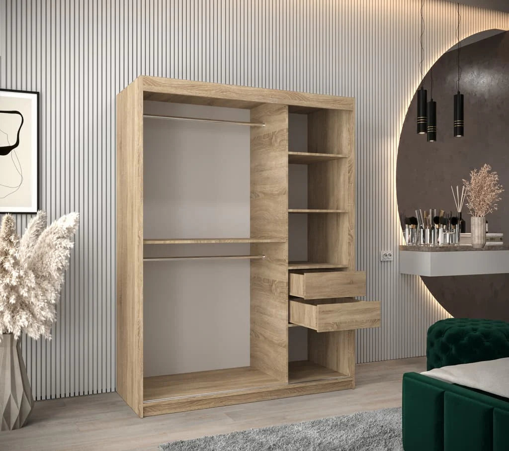 Verona 01 Contemporary 2 Sliding Door Wardrobe 5 Shelves 2 Rails Oak Sonoma Effect 150cm