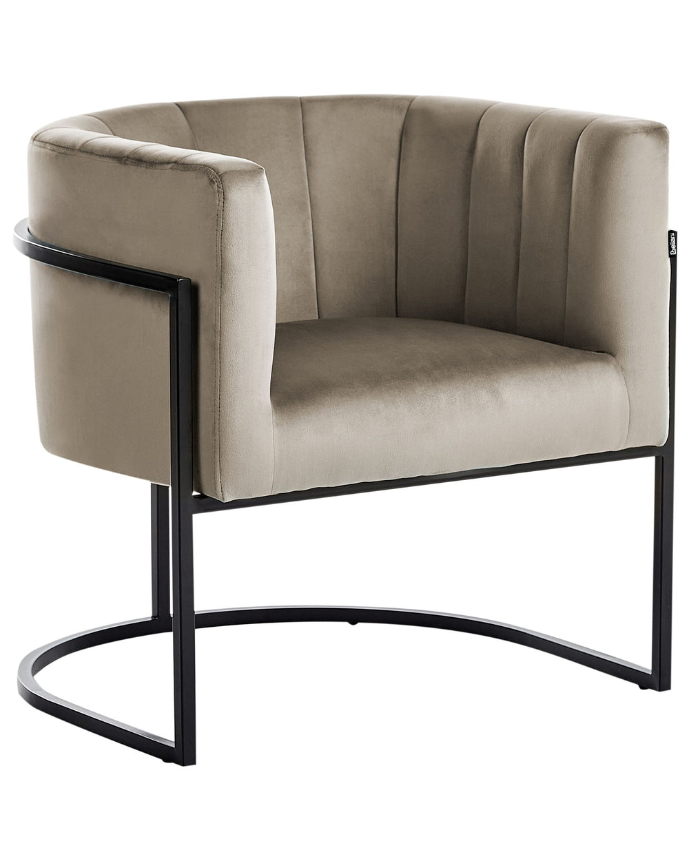 Beige armchair with black metal frame on a white background