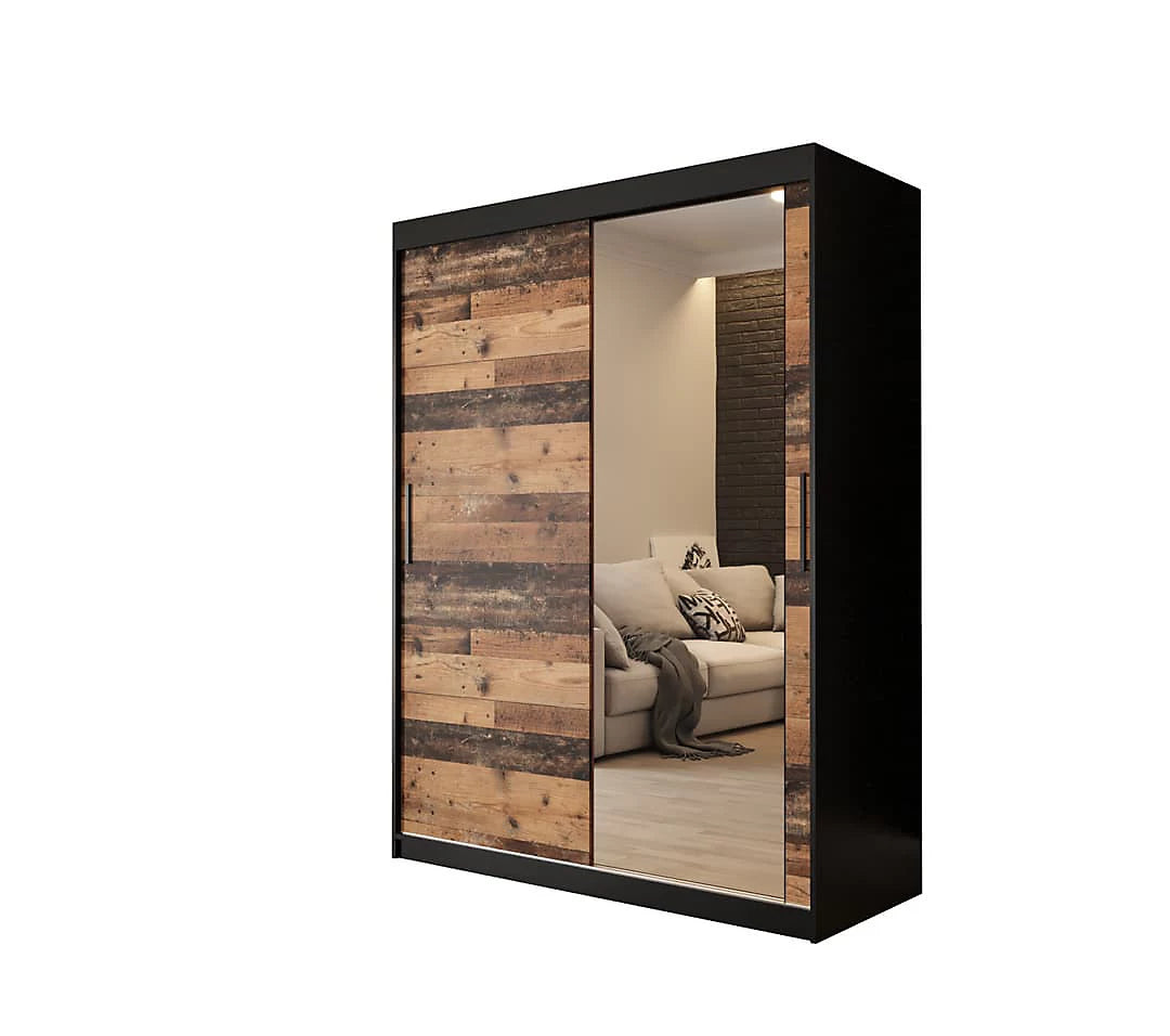 Tilburg 2 Contemporary 2 Mirrored Sliding Door Wardrobe 5 Shelves 2 Rails Dark Oak Effect & Black