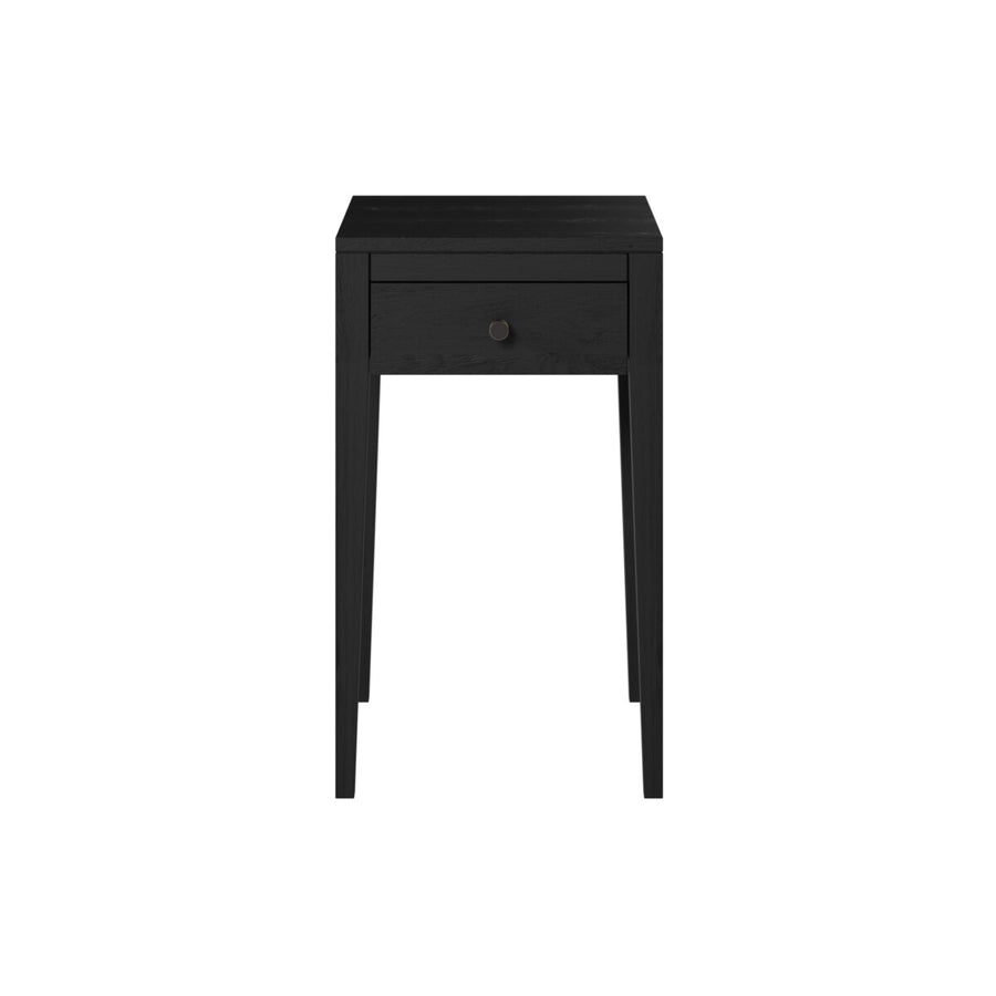 Black side table with a drawer on a white background