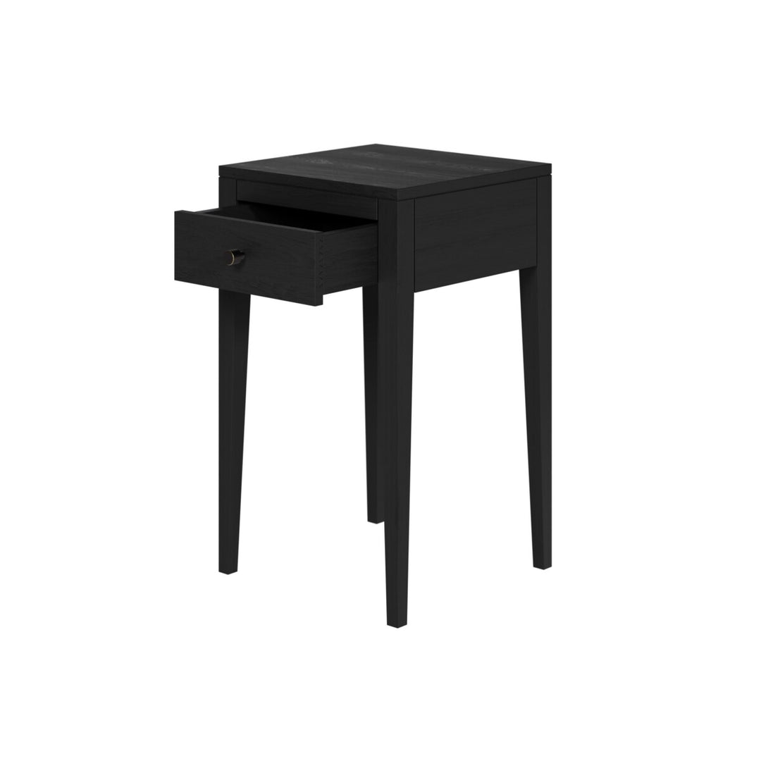 Black side table with a drawer on a white background