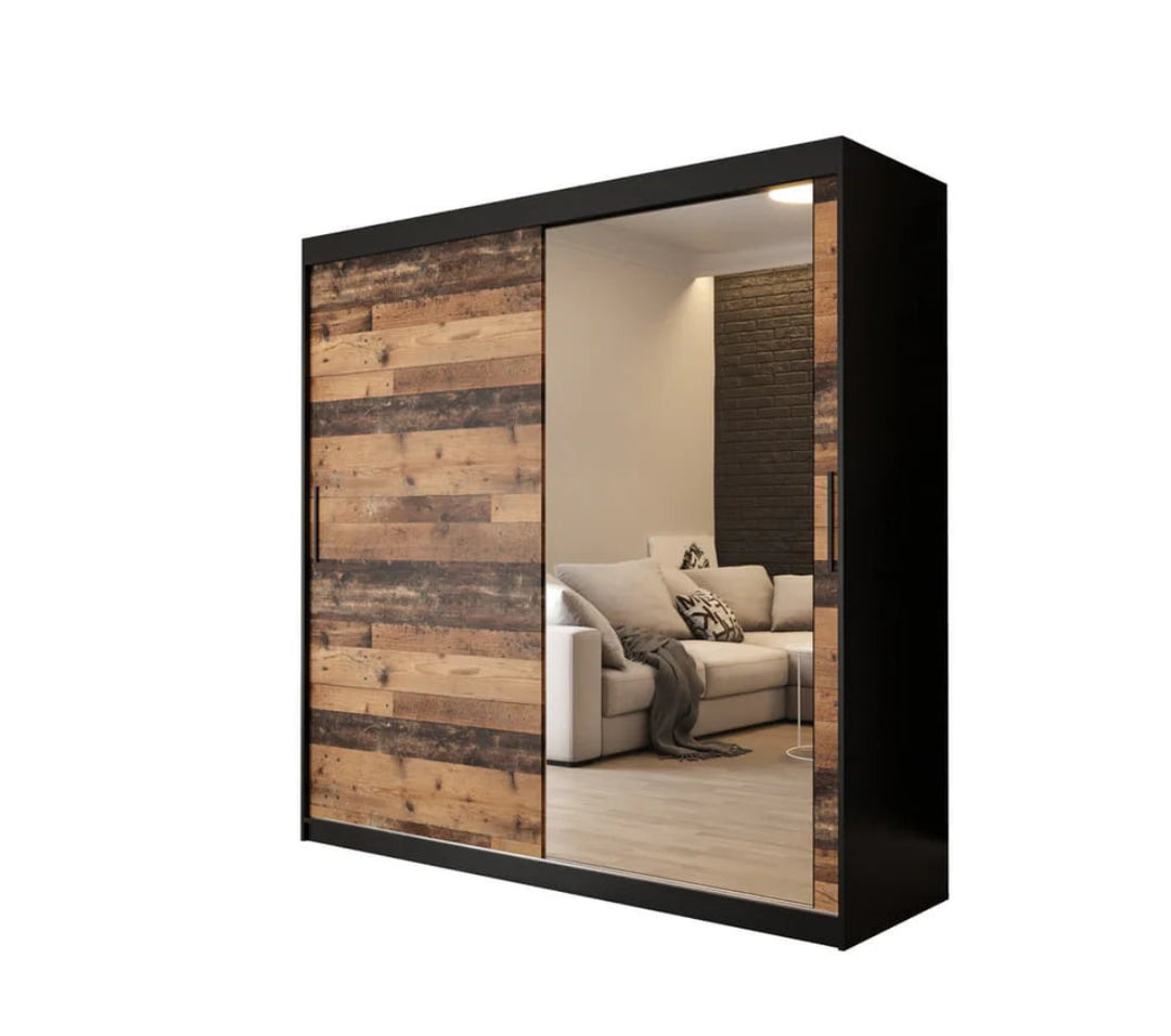 Tilburg 2 Contemporary 2 Mirrored Sliding Door Wardrobe 9 Shelves 2 Rails Dark Oak Effect & Black