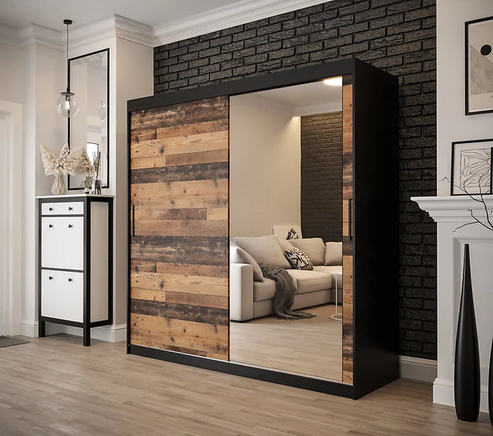 Tilburg 2 Contemporary 2 Mirrored Sliding Door Wardrobe 9 Shelves 2 Rails Dark Oak Effect & Black