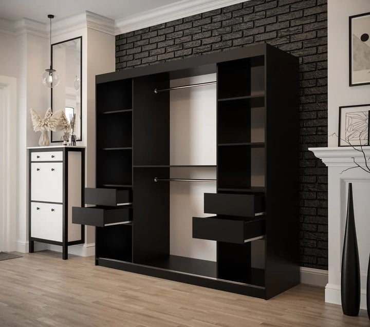 Tilburg 2 Contemporary 2 Mirrored Sliding Door Wardrobe 9 Shelves 2 Rails Dark Oak Effect & Black (W)200cm